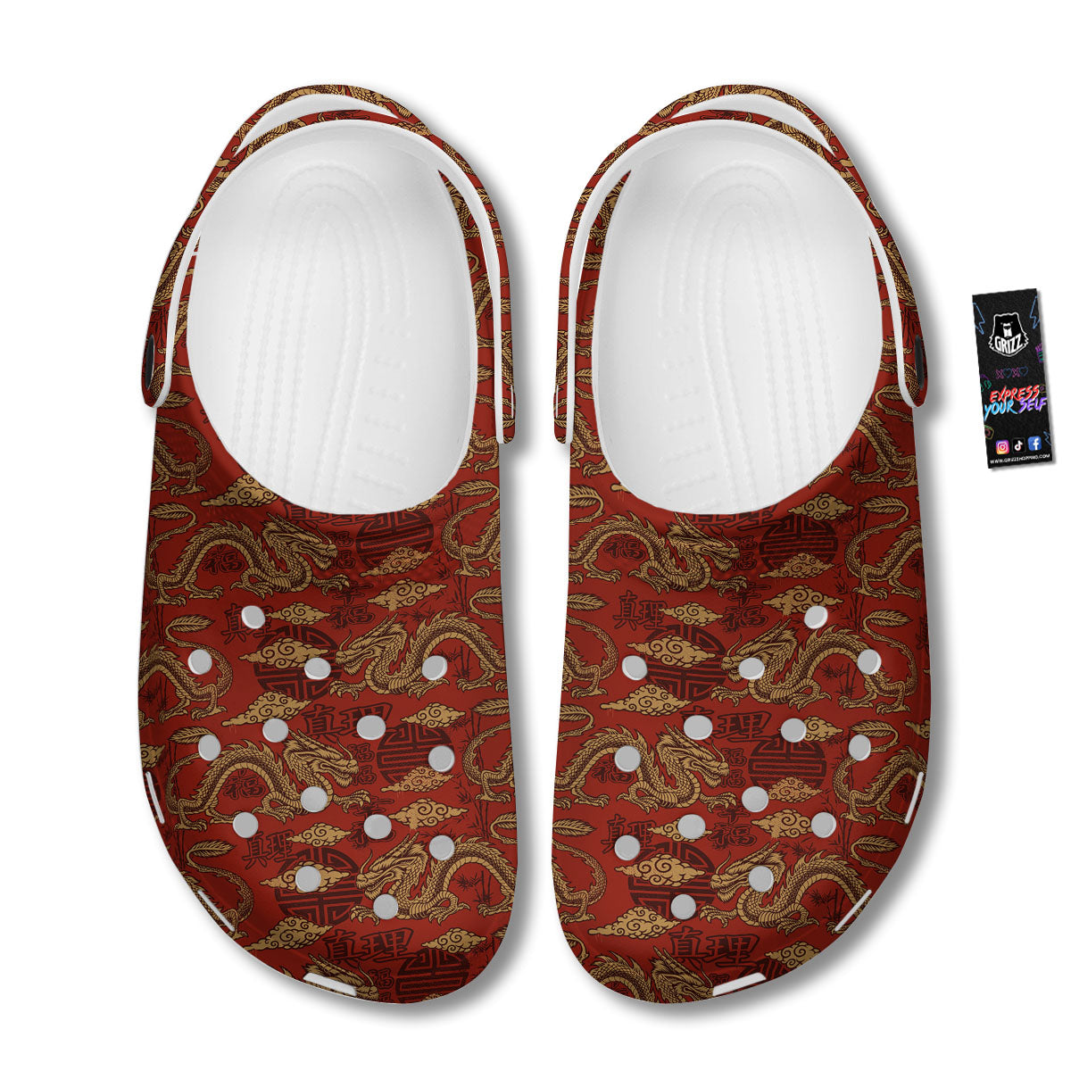 Gold Chinese Dragon Print Pattern Clog-grizzshop