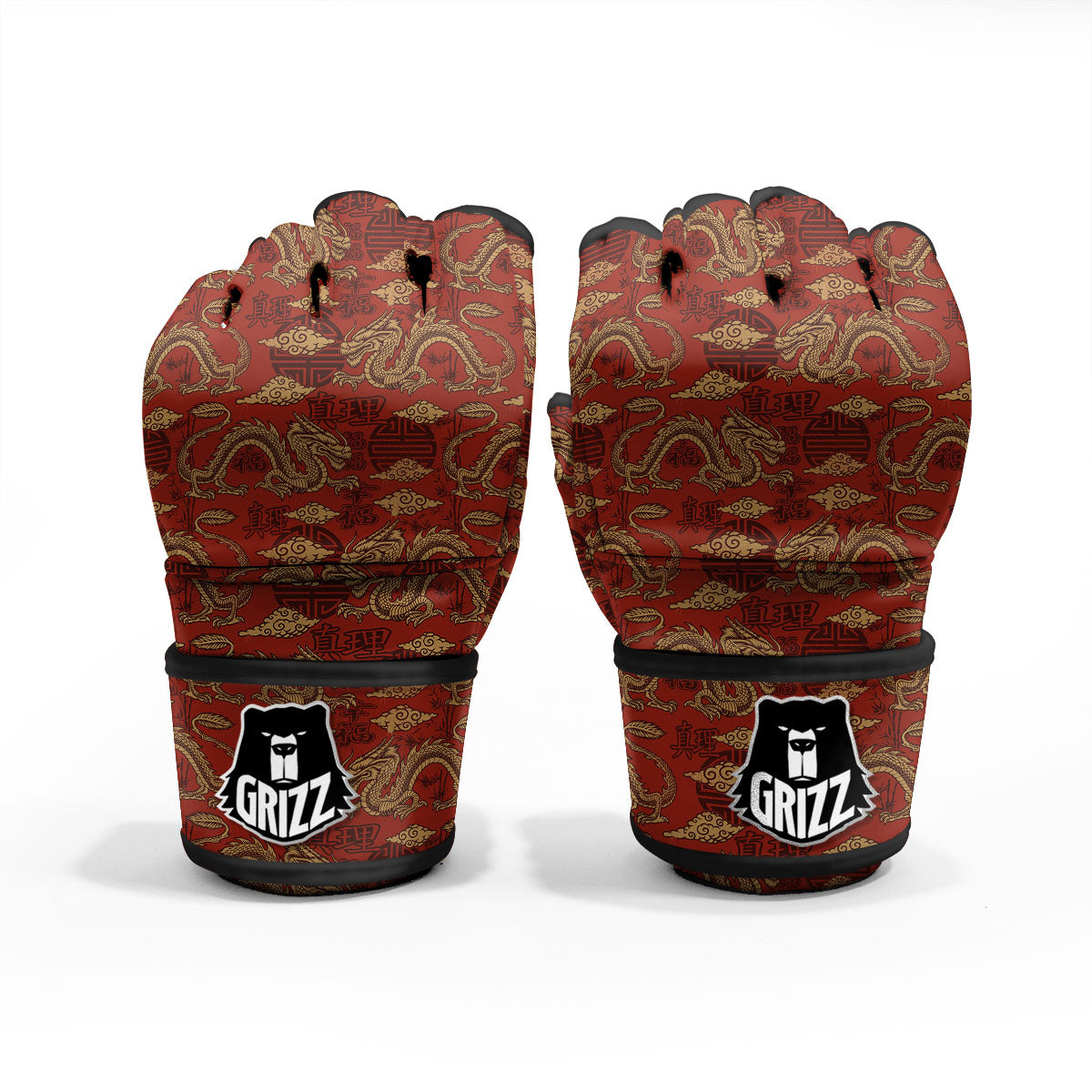 Gold Chinese Dragon Print Pattern MMA Gloves-grizzshop