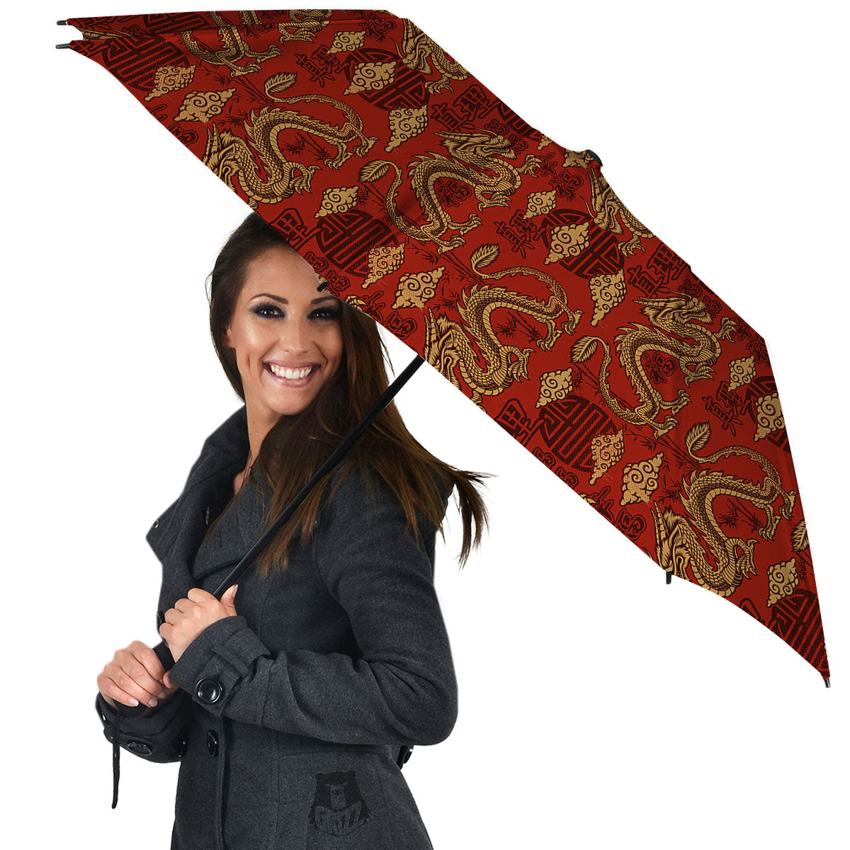 Gold Chinese Dragon Print Pattern Umbrella-grizzshop