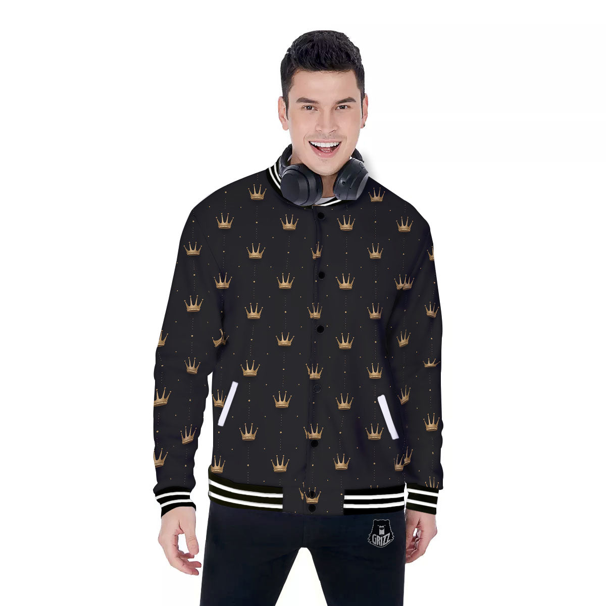 Gold Crown Print Pattern Baseball Jacket-grizzshop