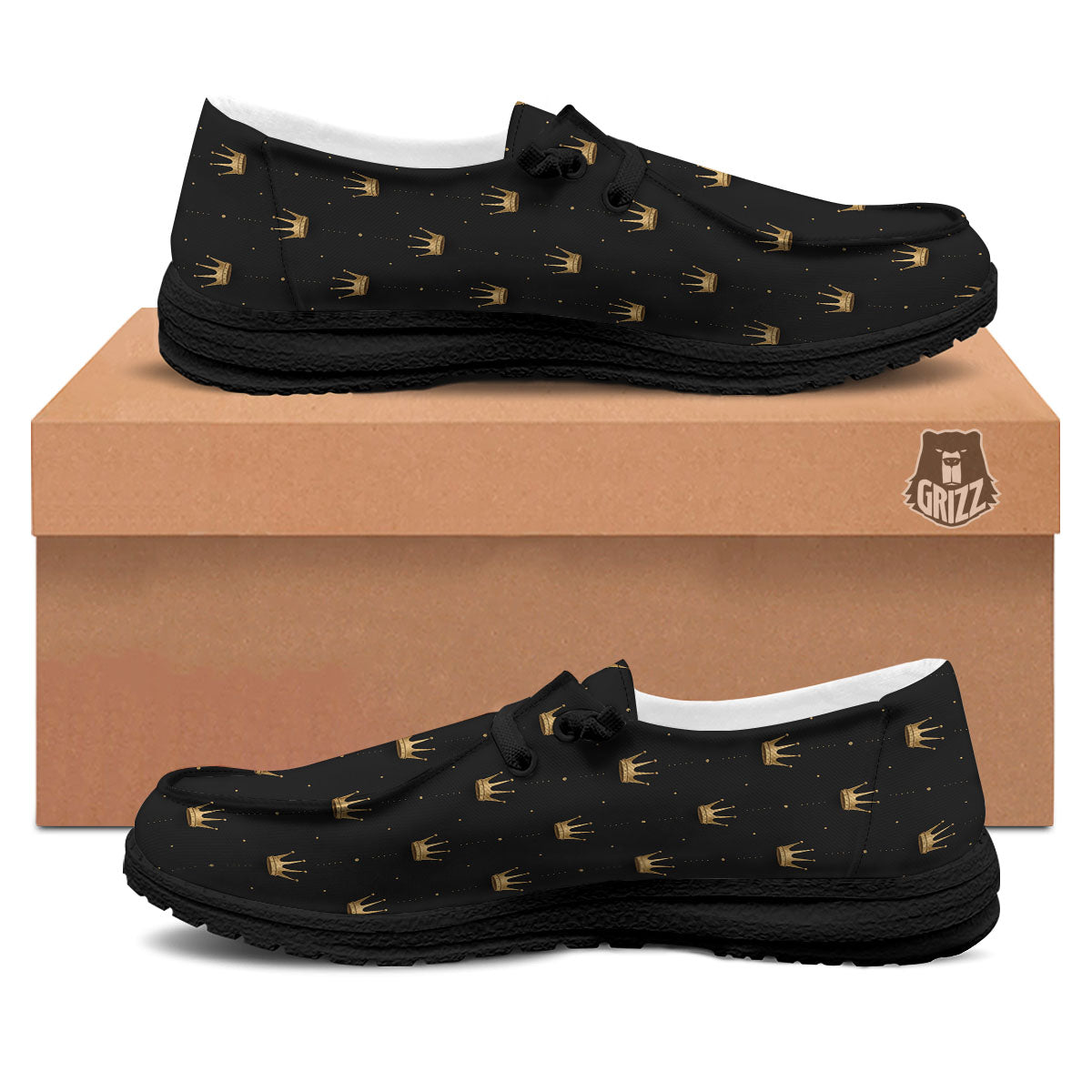 Gold Crown Print Pattern Black Loafers-grizzshop