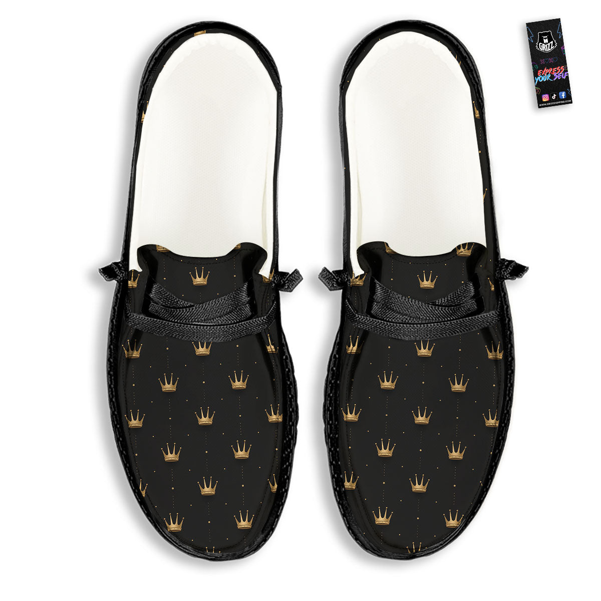 Gold Crown Print Pattern Black Loafers-grizzshop