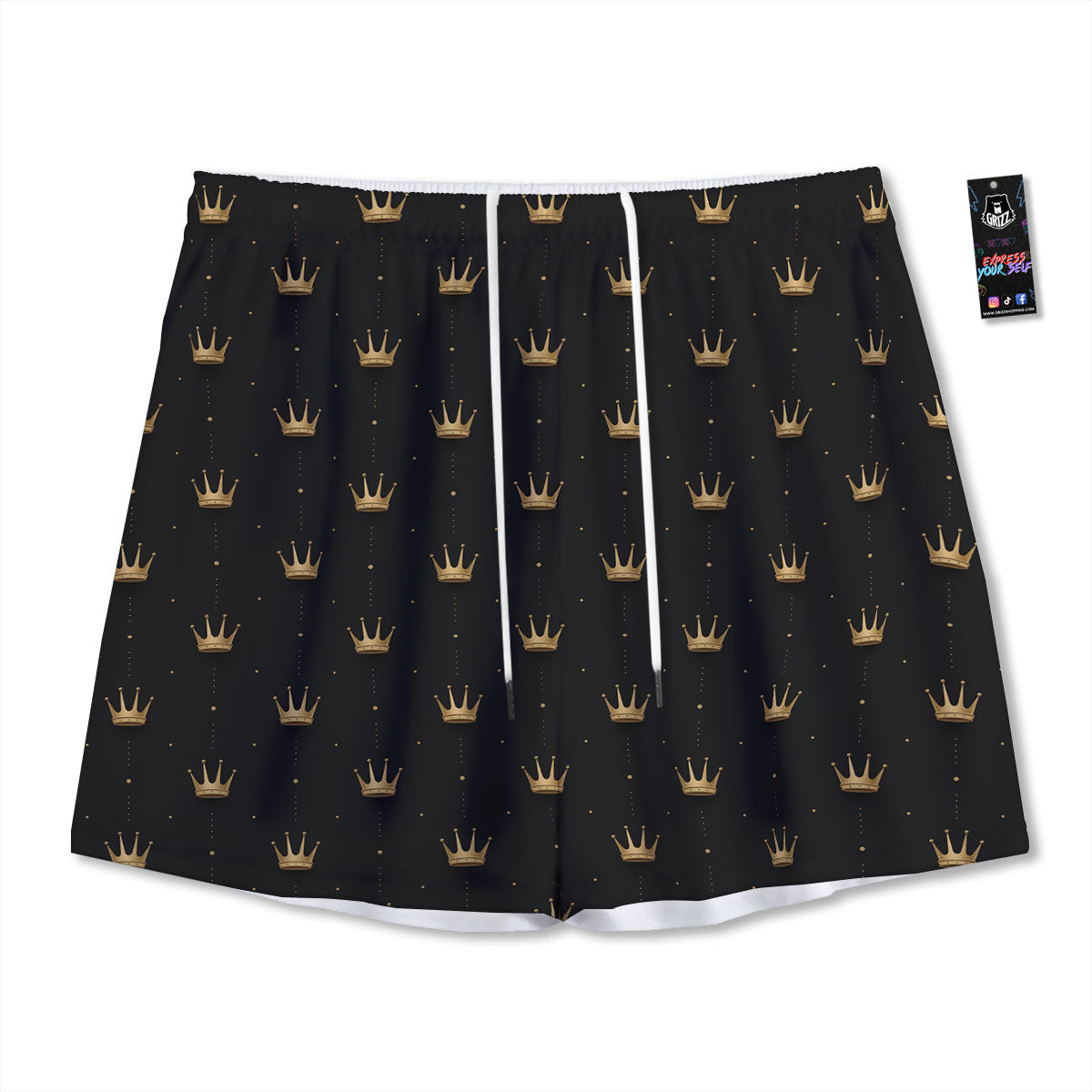 Gold Crown Print Pattern Mesh Shorts-grizzshop