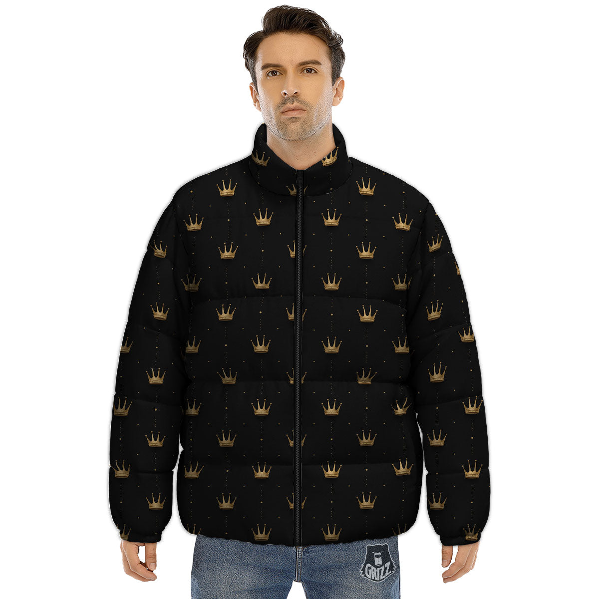 Gold Crown Print Pattern Puffer Jacket-grizzshop