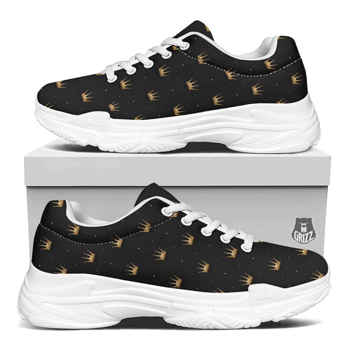 Gold Crown Print Pattern White Chunky Shoes-grizzshop