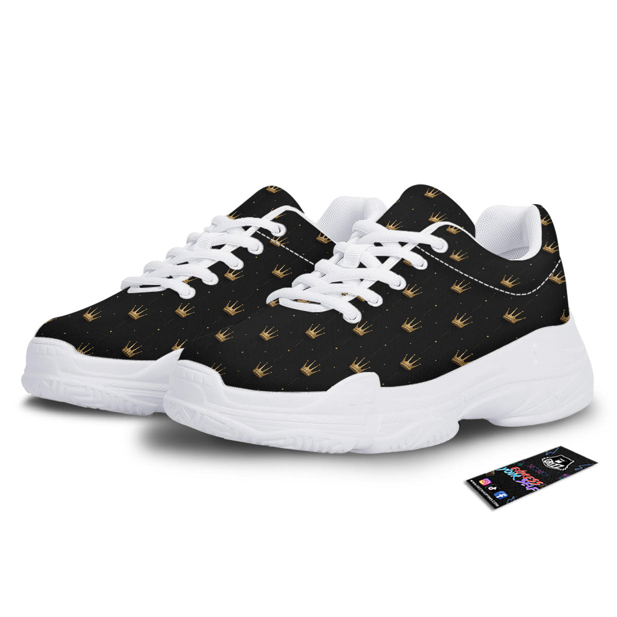 Gold Crown Print Pattern White Chunky Shoes-grizzshop