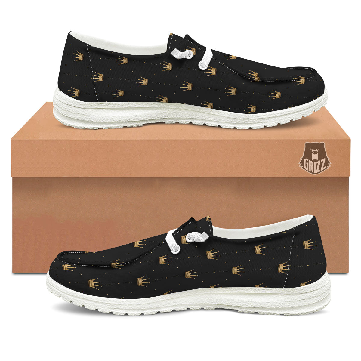 Gold Crown Print Pattern White Loafers-grizzshop