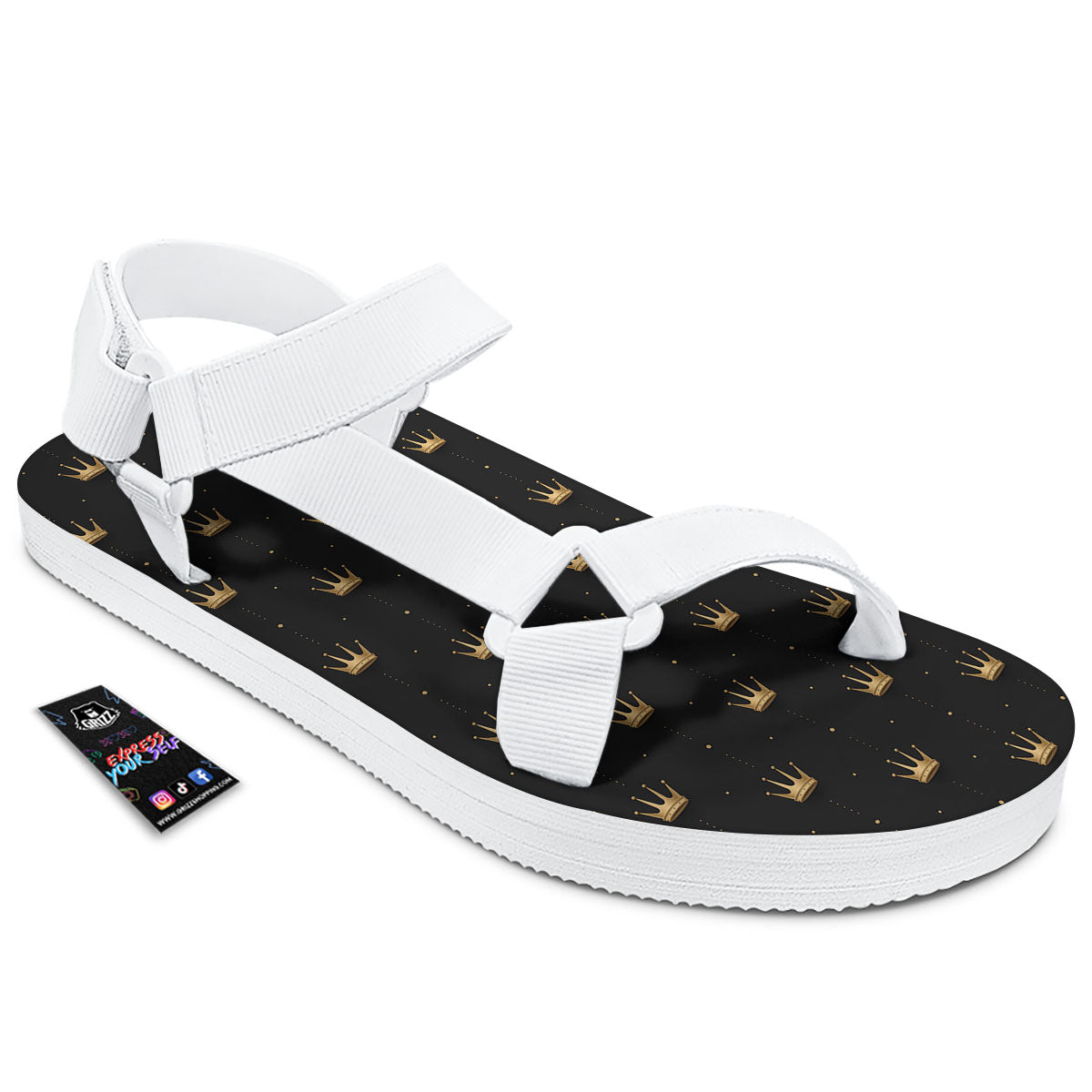 Gold Crown Print Pattern White Open Toe Sandals-grizzshop