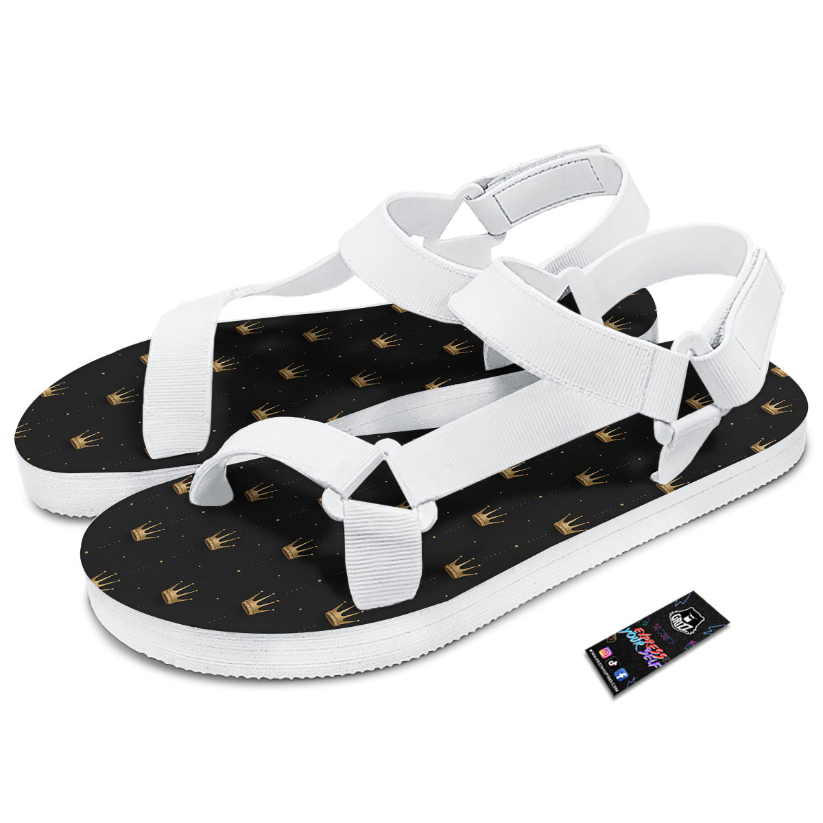 Gold Crown Print Pattern White Open Toe Sandals-grizzshop