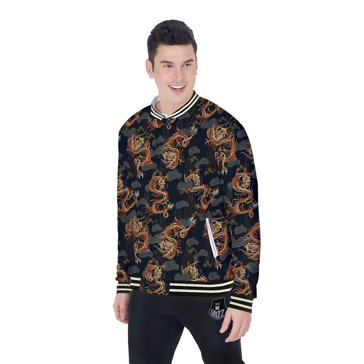 Gold Dragon Japanese Print Pattern Baseball Jacket-grizzshop