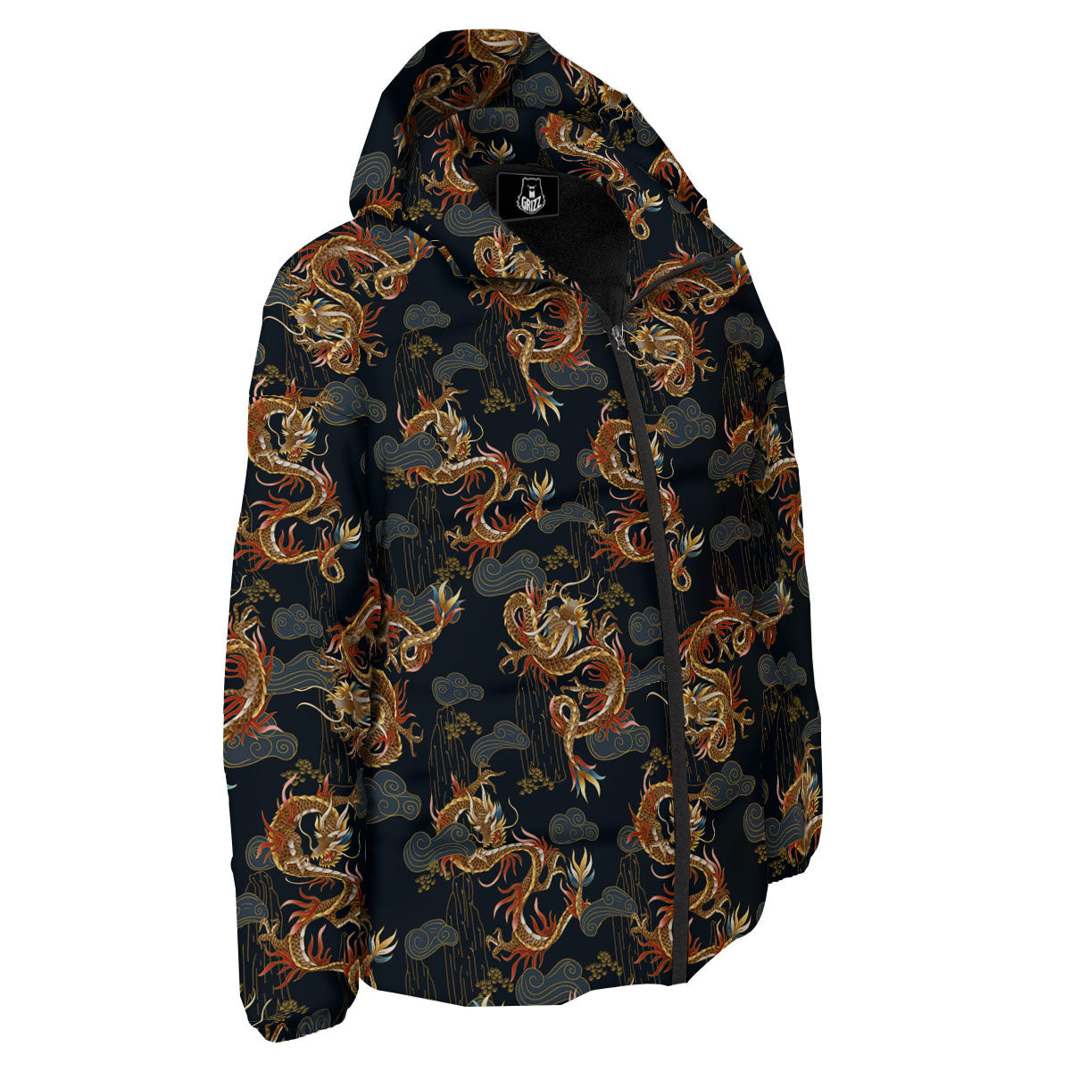 Gold Dragon Japanese Print Pattern Down Jacket-grizzshop