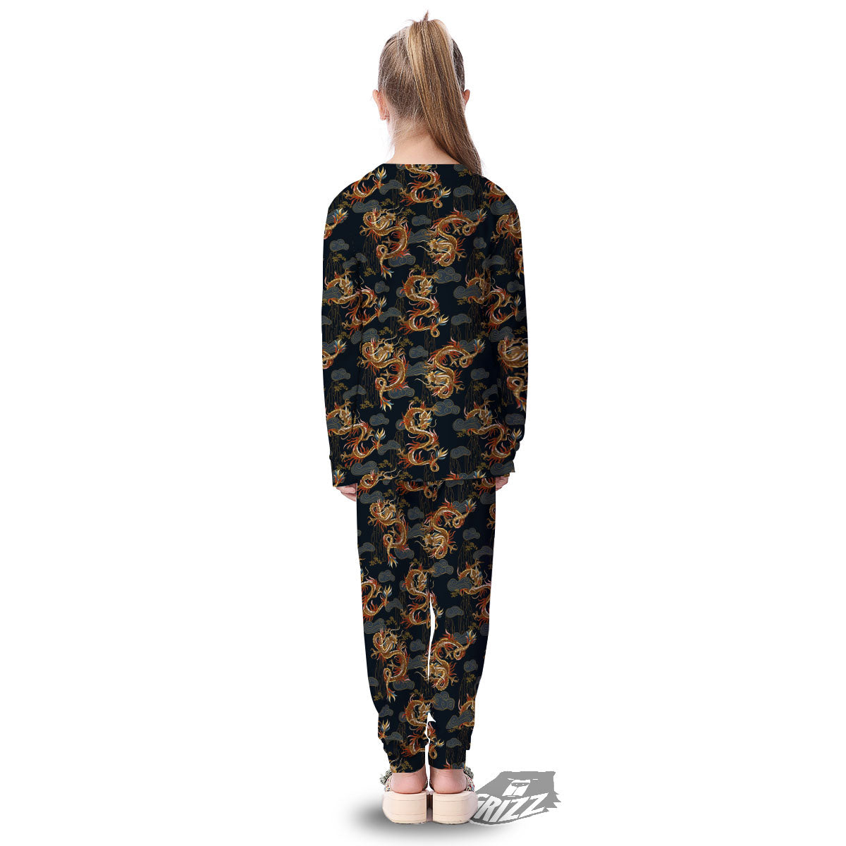 Gold Dragon Japanese Print Pattern Kid's Pajamas-grizzshop