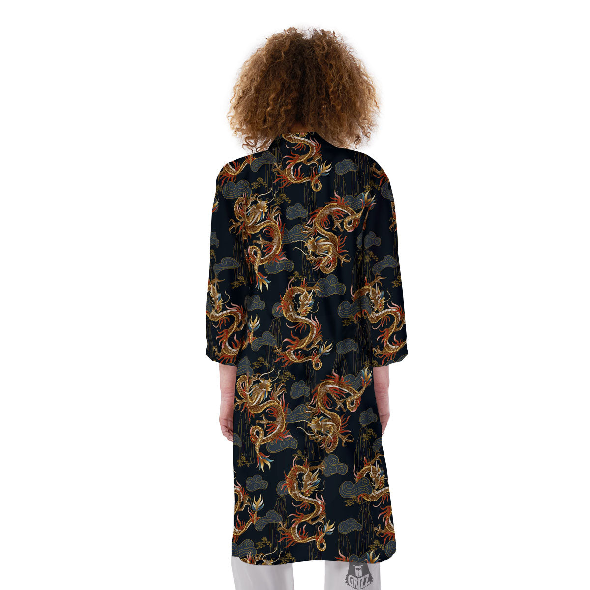 Gold Dragon Japanese Print Pattern Kimono-grizzshop