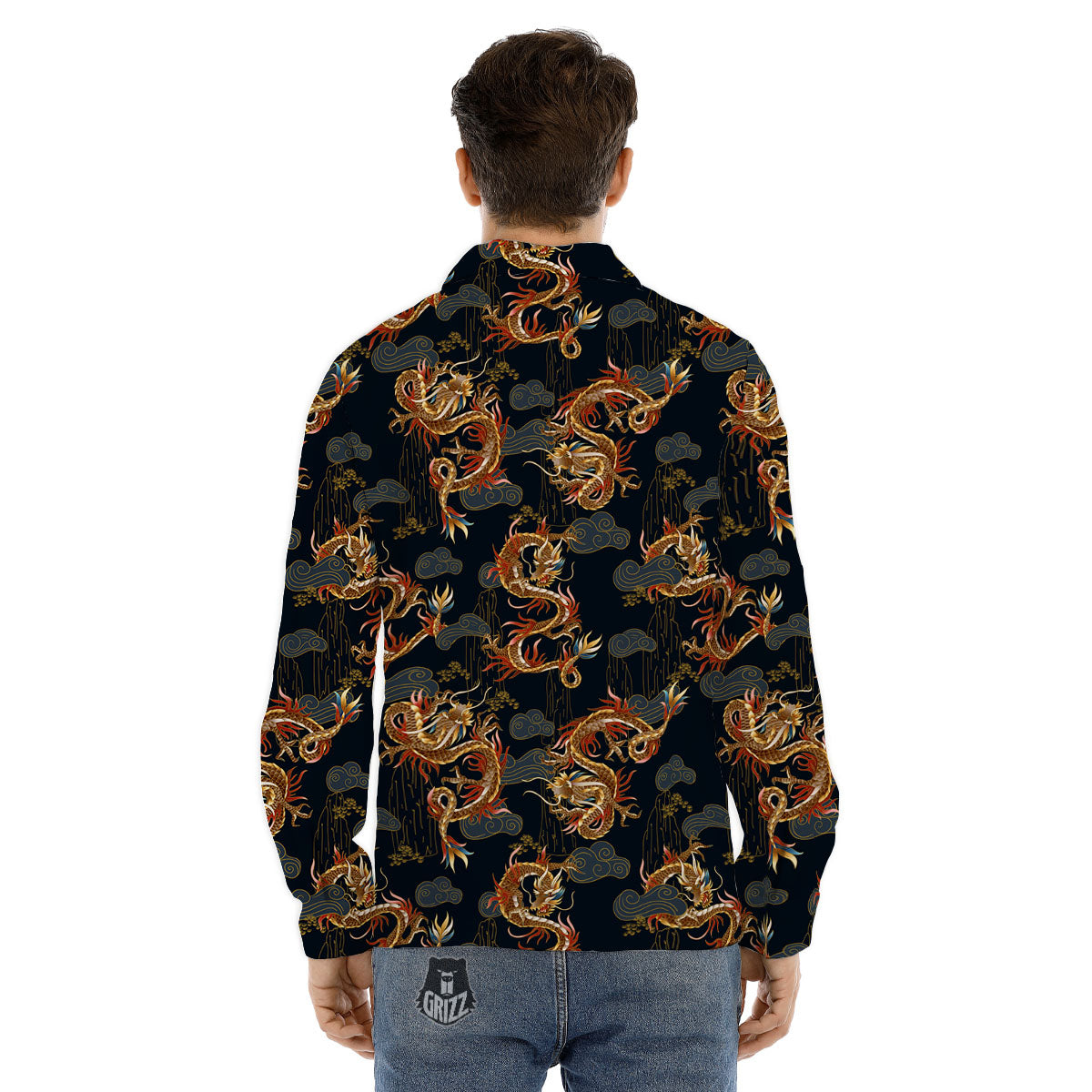 Gold Dragon Japanese Print Pattern Men's Dress Shirts-grizzshop