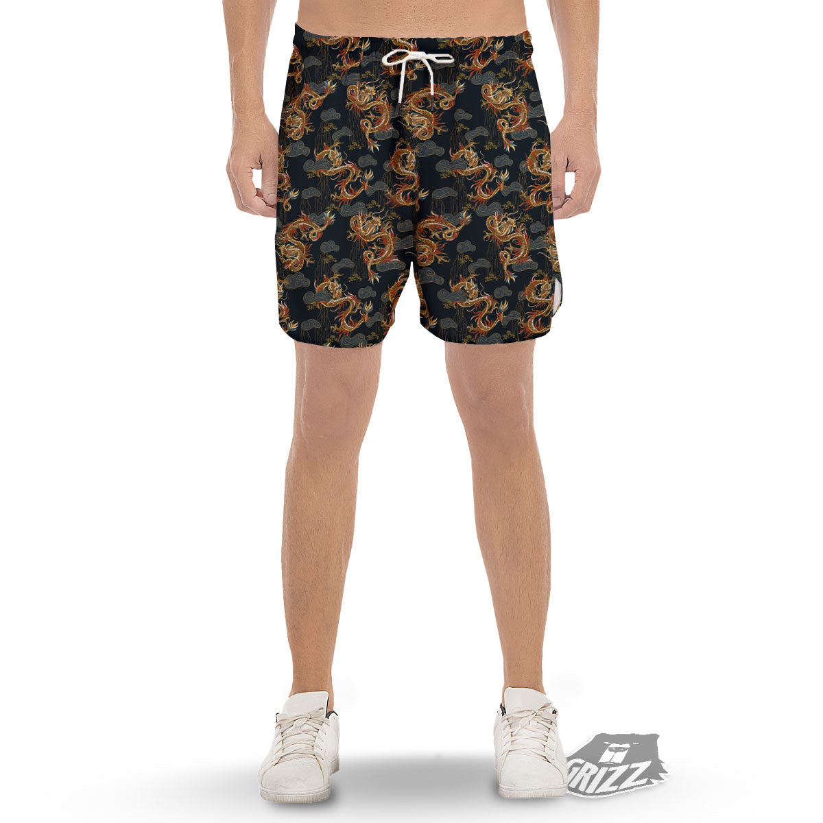 Gold Dragon Japanese Print Pattern Men's Gym Shorts-grizzshop