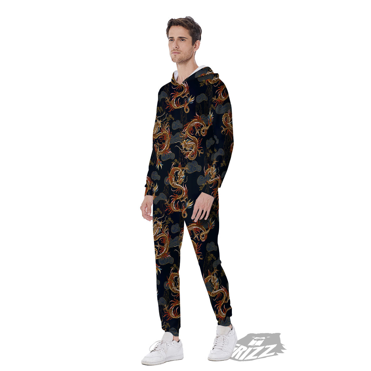 Gold Dragon Japanese Print Pattern Men's Jumpsuit-grizzshop