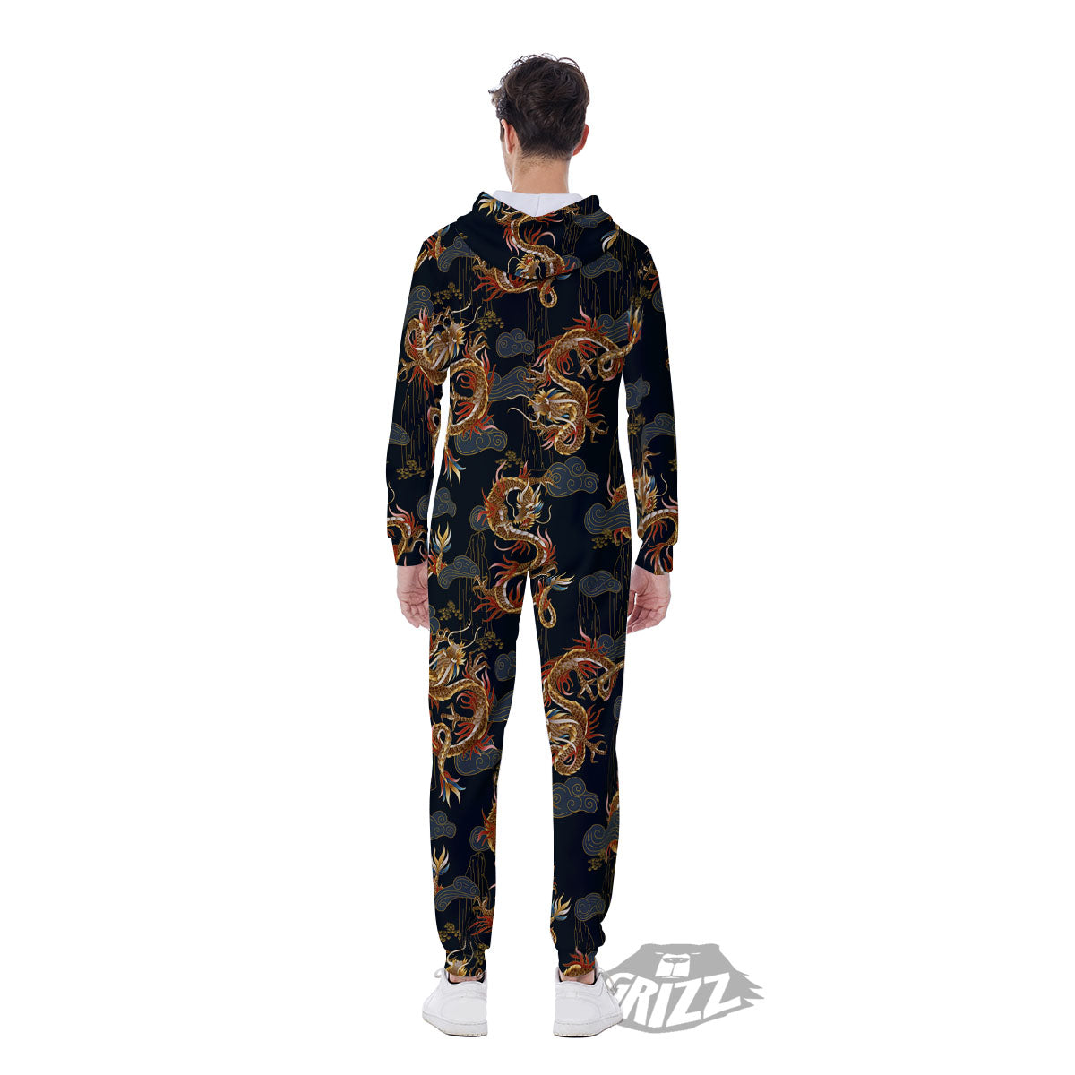 Gold Dragon Japanese Print Pattern Men's Jumpsuit-grizzshop