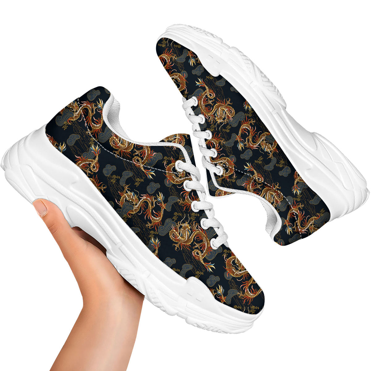 Gold Dragon Japanese Print Pattern White Chunky Shoes-grizzshop
