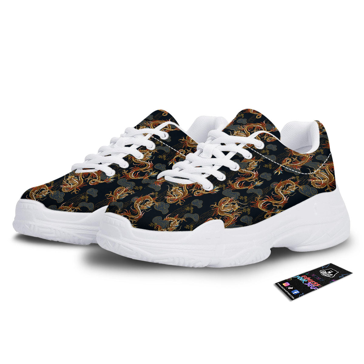 Gold Dragon Japanese Print Pattern White Chunky Shoes-grizzshop