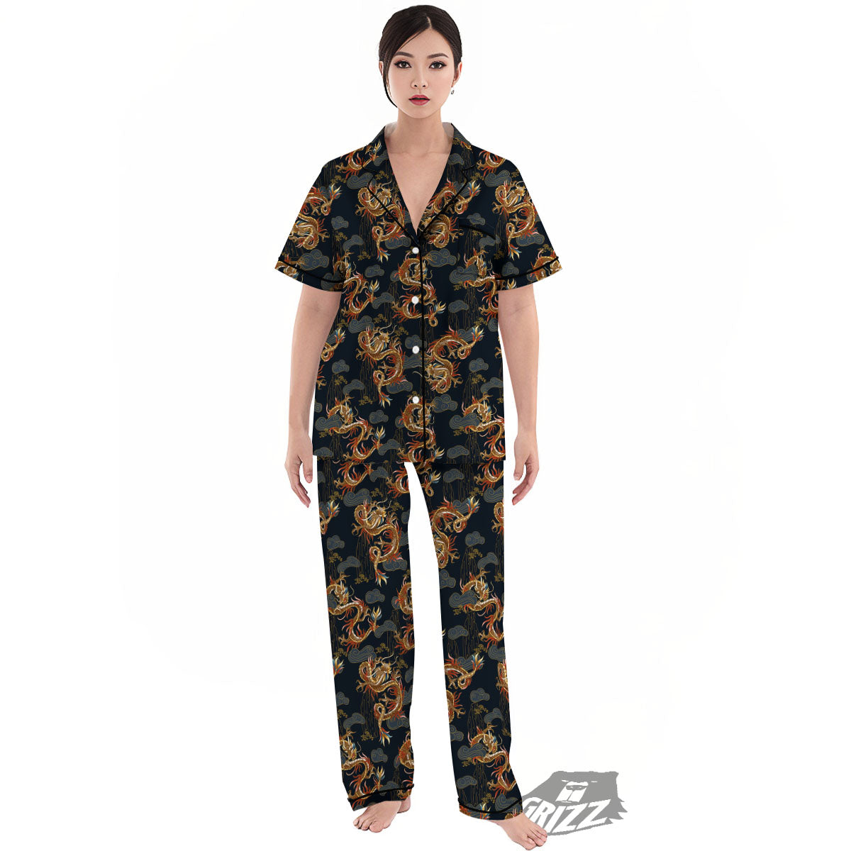 Gold Dragon Japanese Print Pattern Women's Pajamas Set-grizzshop