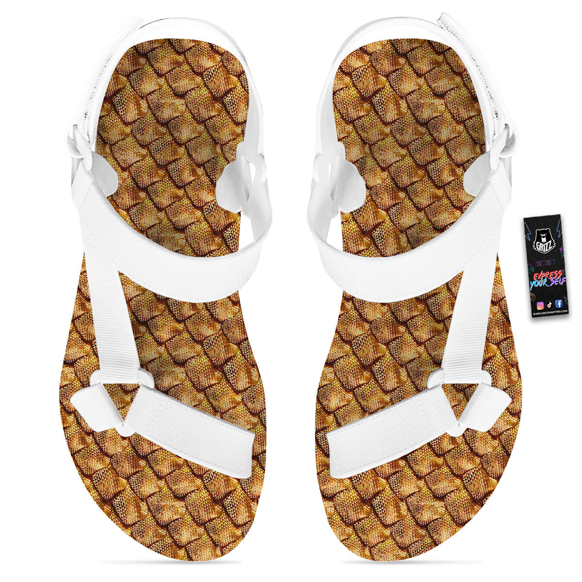 Gold Dragons Skin 3D Print Pattern White Open Toe Sandals-grizzshop