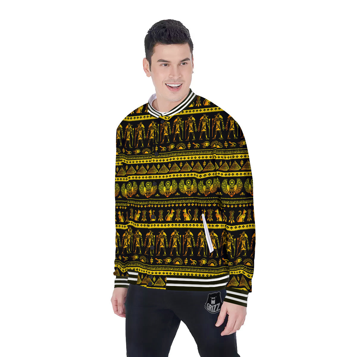 Gold Egypt Ethnic Print Baseball Jacket-grizzshop