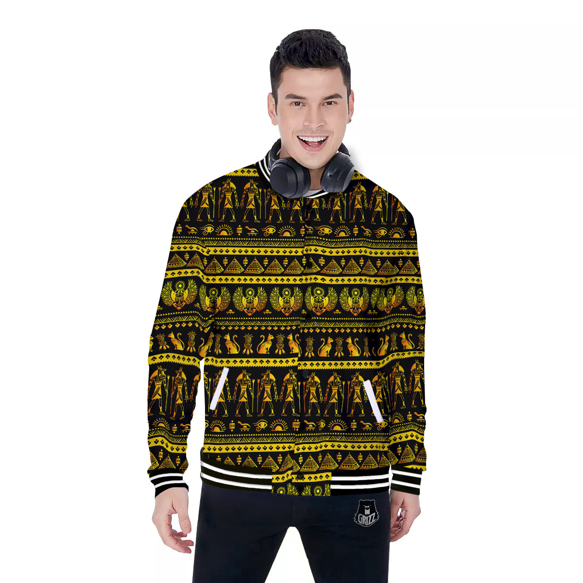 Gold Egypt Ethnic Print Baseball Jacket-grizzshop