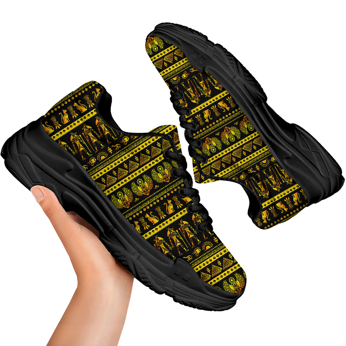 Gold Egypt Ethnic Print Black Chunky Shoes-grizzshop