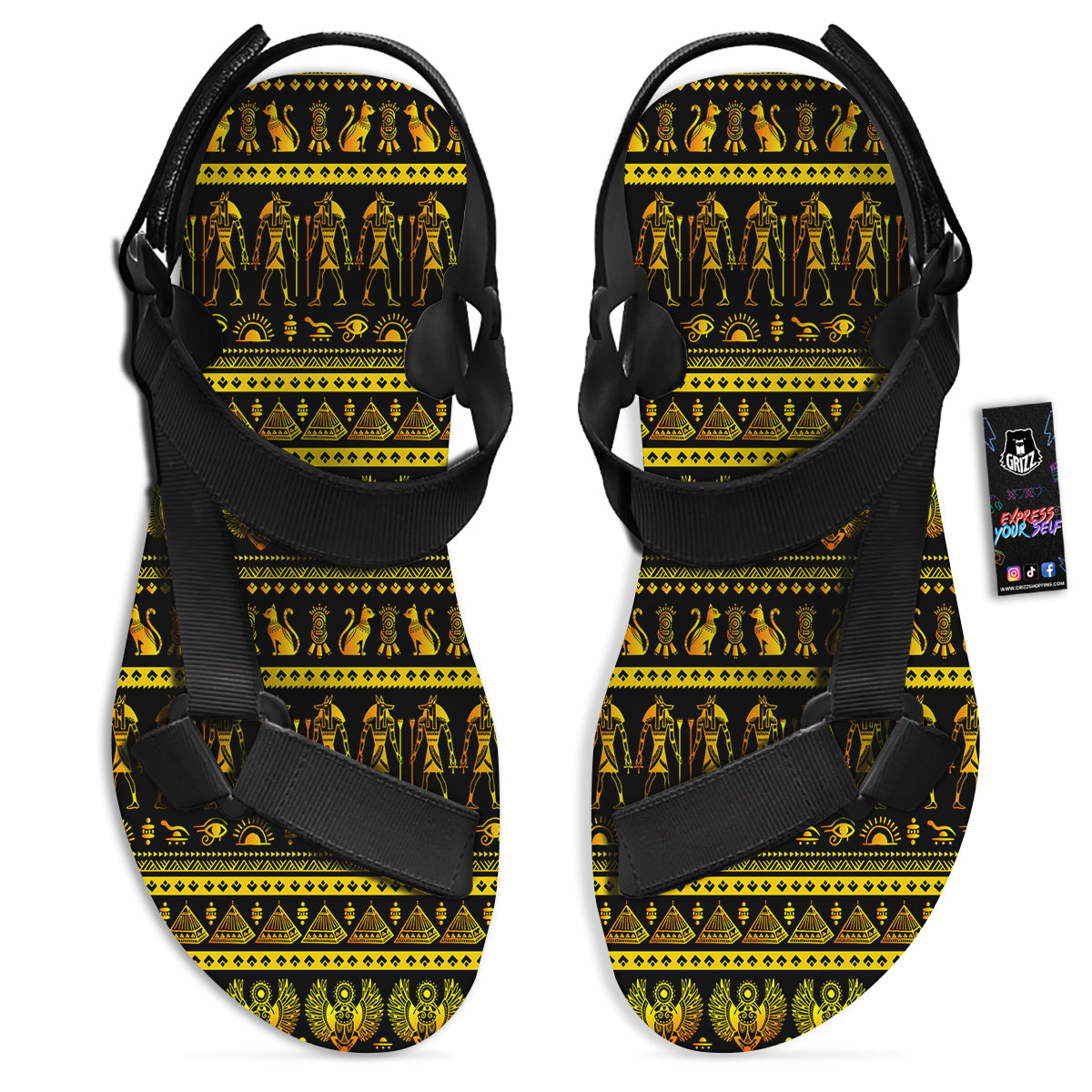 Gold Egypt Ethnic Print Black Open Toe Sandals-grizzshop