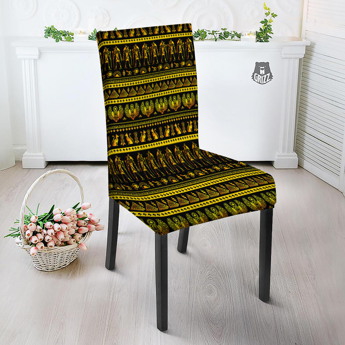 Gold Egypt Ethnic Print Dining Chair Slipcover-grizzshop