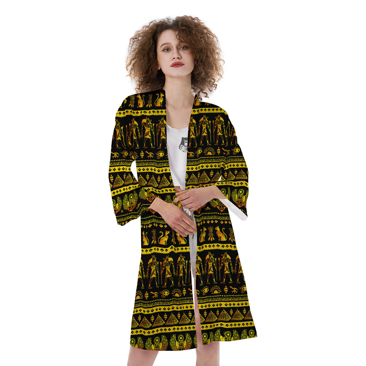 Gold Egypt Ethnic Print Kimono-grizzshop