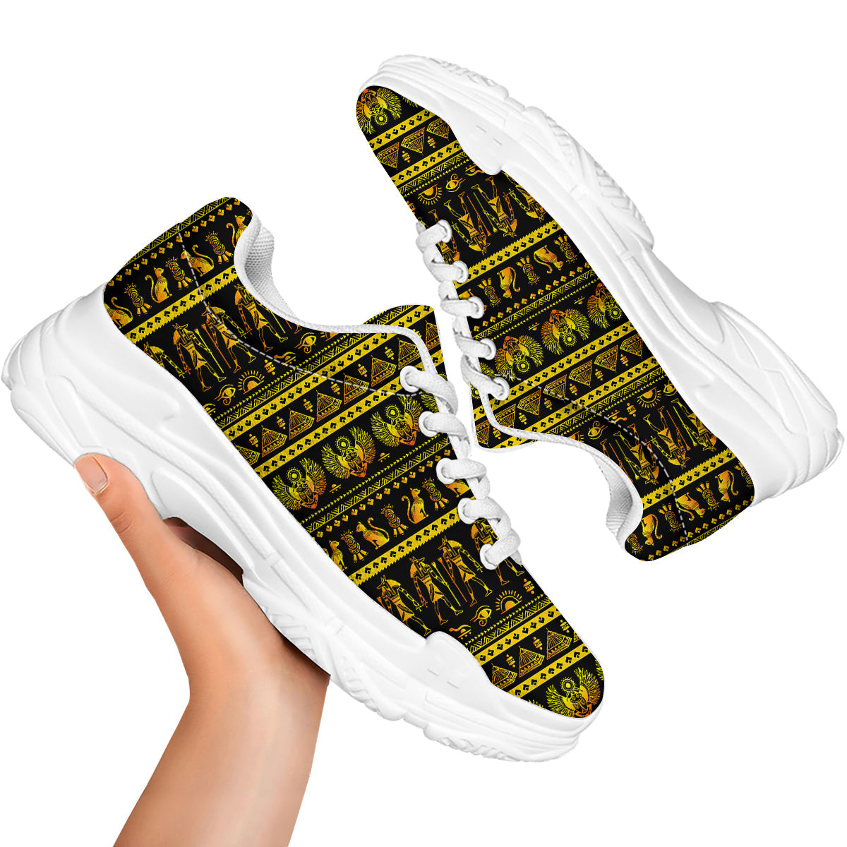 Gold Egypt Ethnic Print White Chunky Shoes-grizzshop