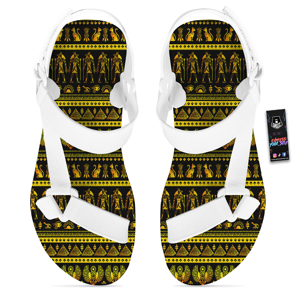 Gold Egypt Ethnic Print White Open Toe Sandals-grizzshop