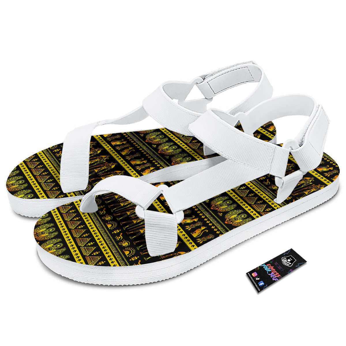 Gold Egypt Ethnic Print White Open Toe Sandals-grizzshop