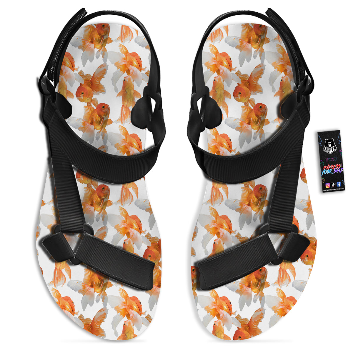 Gold Fish And White Print Pattern Black Open Toe Sandals-grizzshop