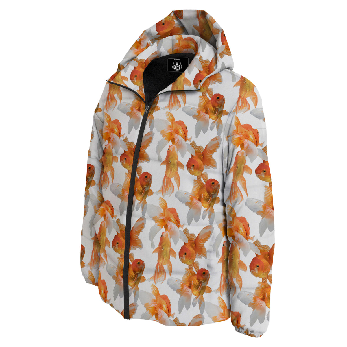 Gold Fish And White Print Pattern Down Jacket-grizzshop