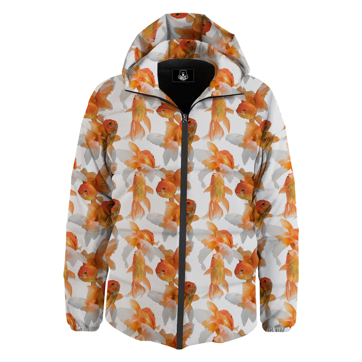 Gold Fish And White Print Pattern Down Jacket-grizzshop