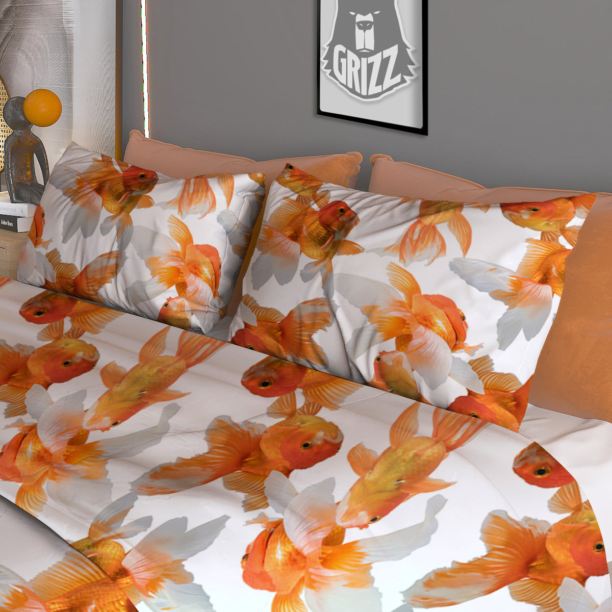 Gold Fish And White Print Pattern Duvet Cover Bedding Set