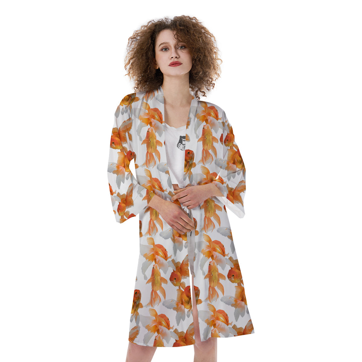 Gold Fish And White Print Pattern Kimono-grizzshop