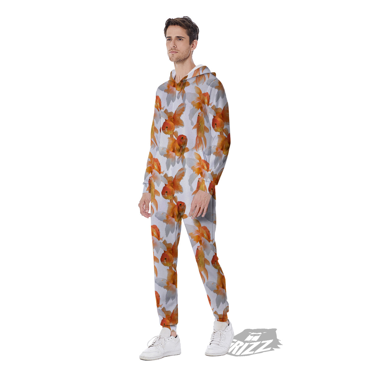 Gold Fish And White Print Pattern Men's Jumpsuit-grizzshop
