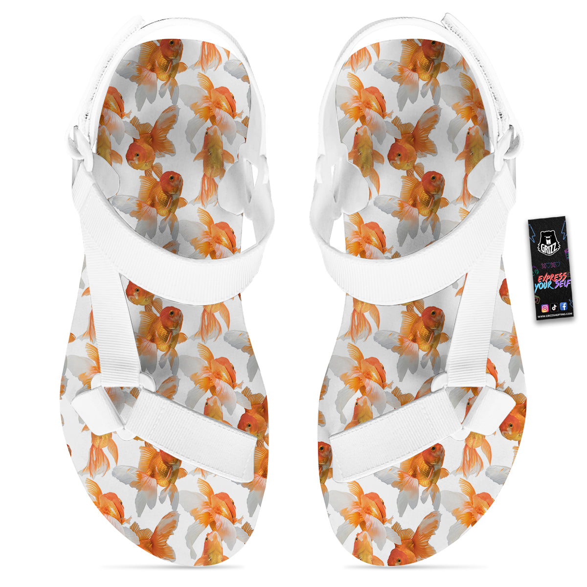 Gold Fish And White Print Pattern White Open Toe Sandals-grizzshop