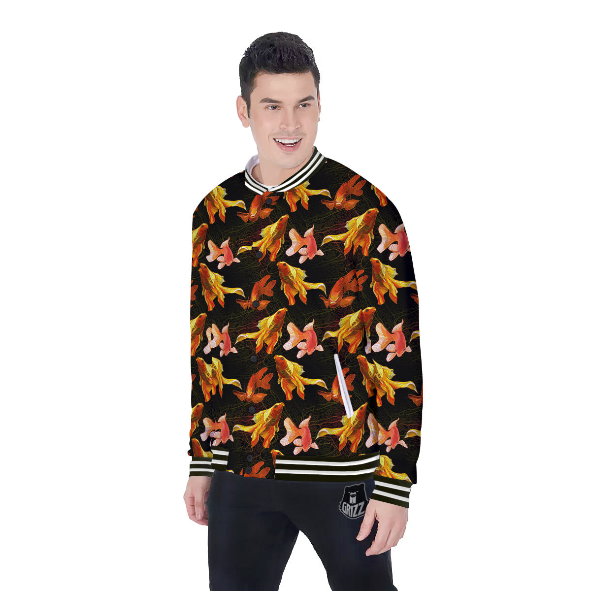 Gold Fish Drawing Print Pattern Baseball Jacket-grizzshop
