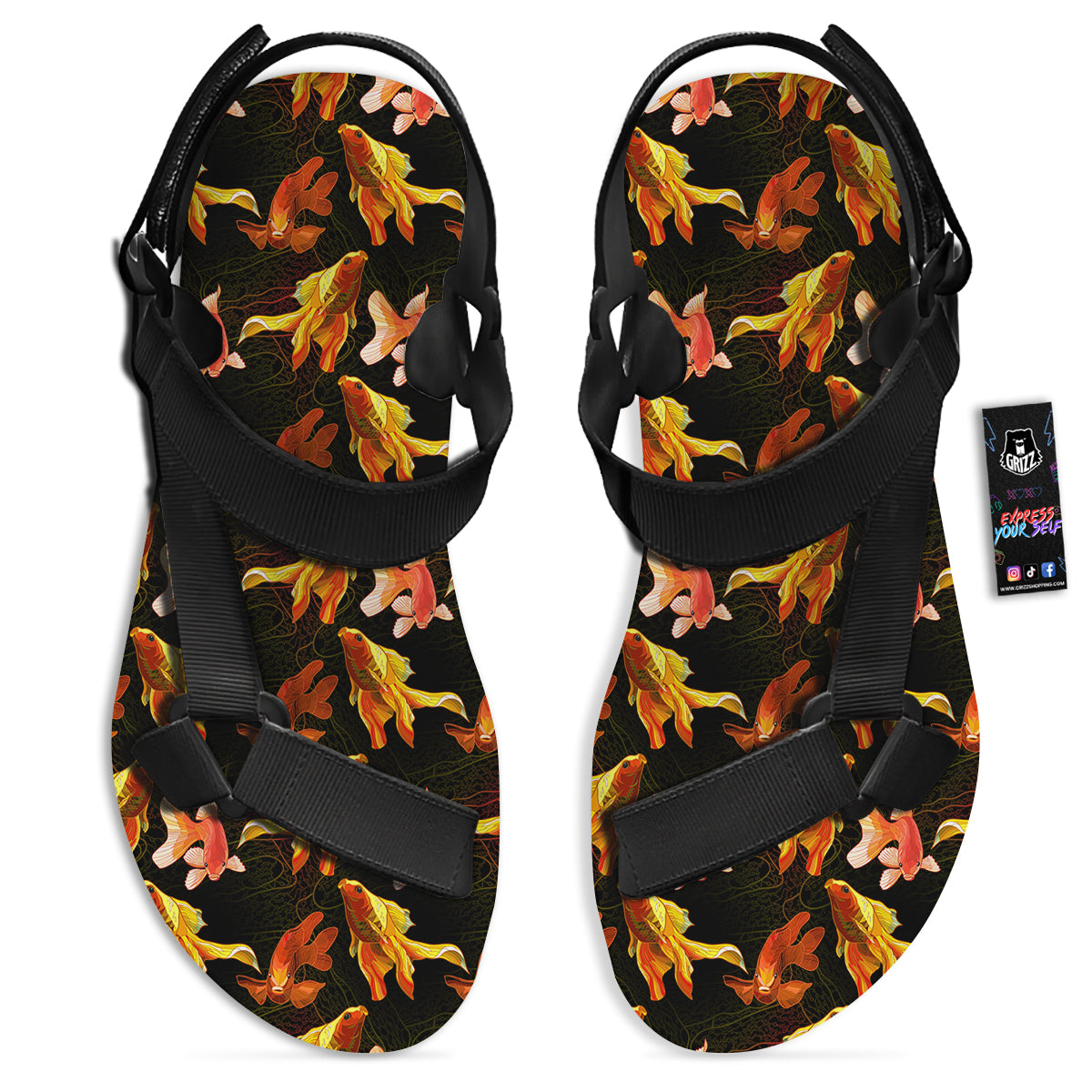 Gold Fish Drawing Print Pattern Black Open Toe Sandals-grizzshop