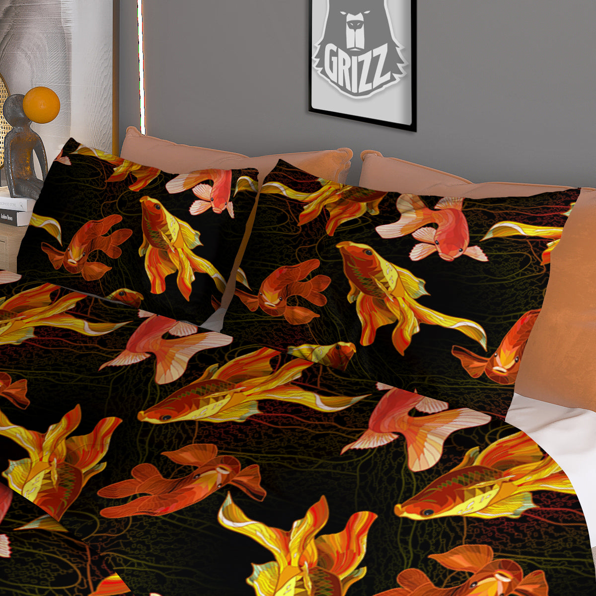 Gold Fish Drawing Print Pattern Duvet Cover Bedding Set