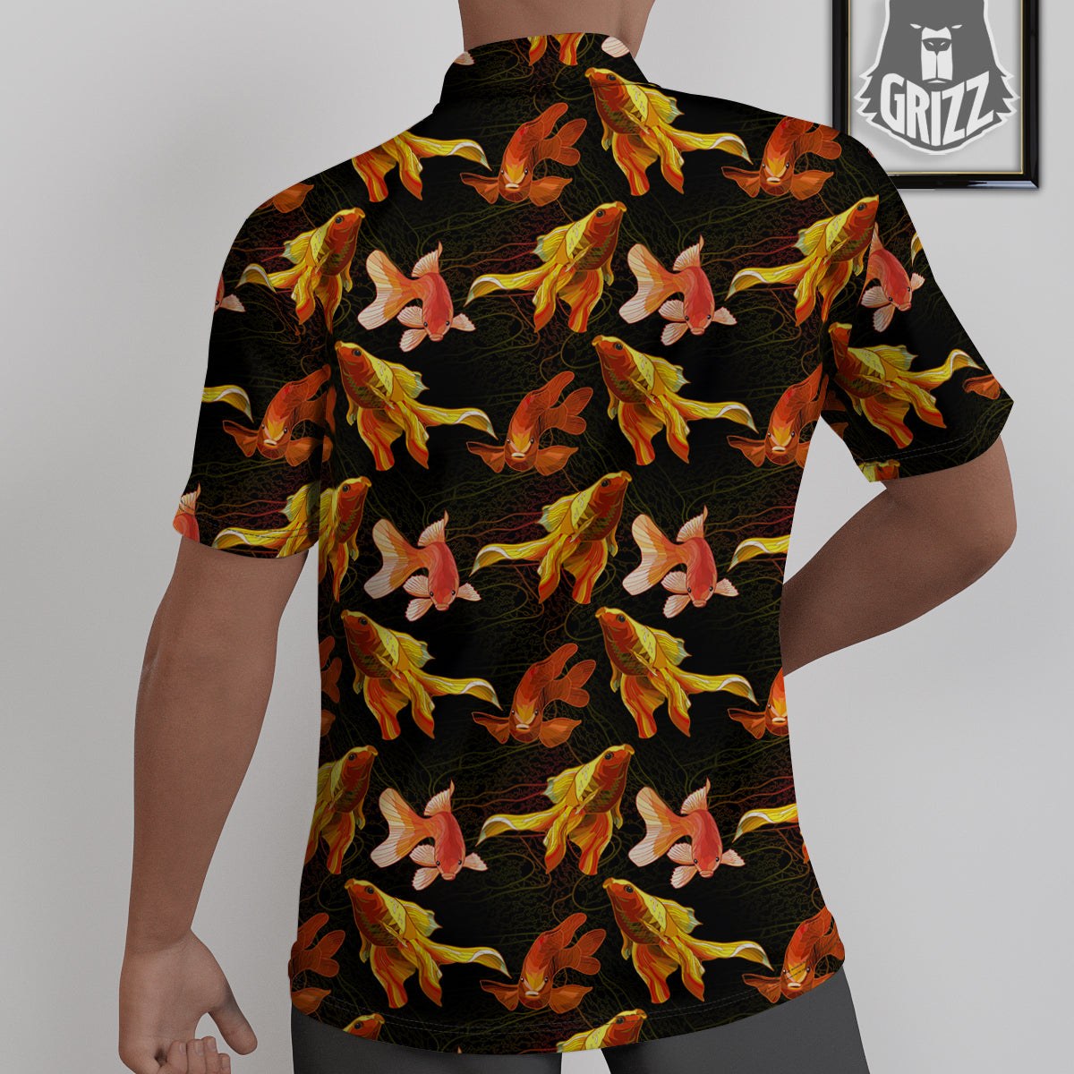 Gold Fish Drawing Print Pattern Untucked Shirts-grizzshop