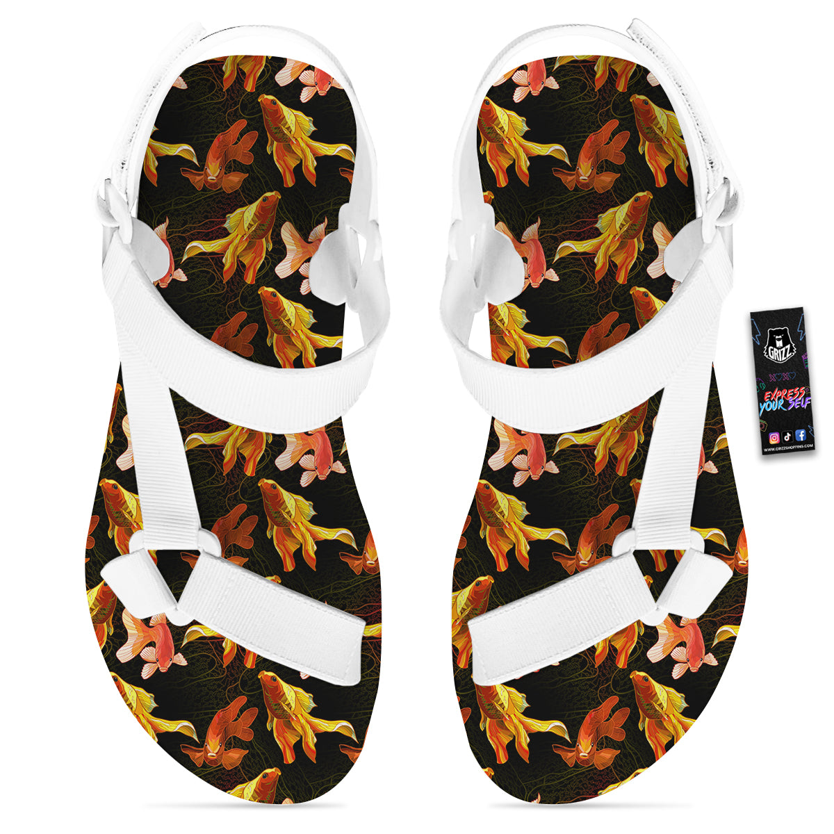 Gold Fish Drawing Print Pattern White Open Toe Sandals-grizzshop