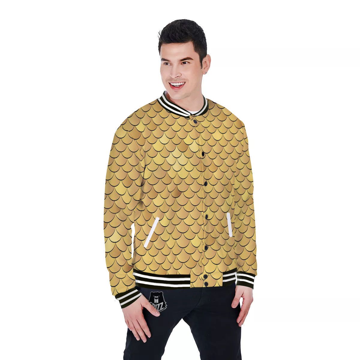 Gold Fish Scales Print Baseball Jacket-grizzshop