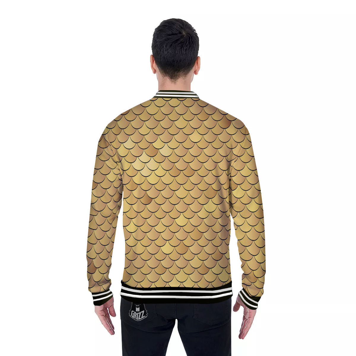 Gold Fish Scales Print Baseball Jacket-grizzshop