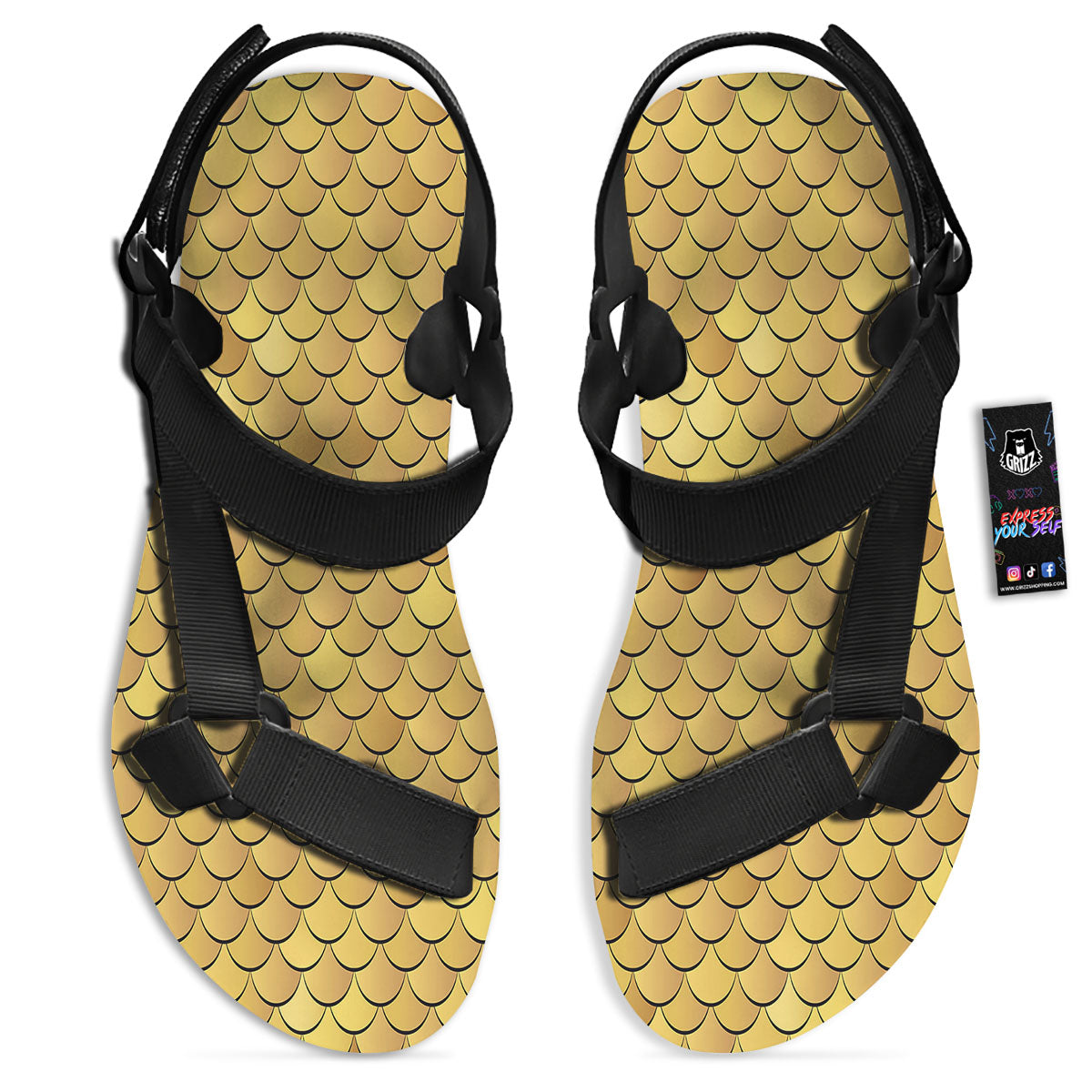 Gold Fish Scales Print Black Open Toe Sandals-grizzshop