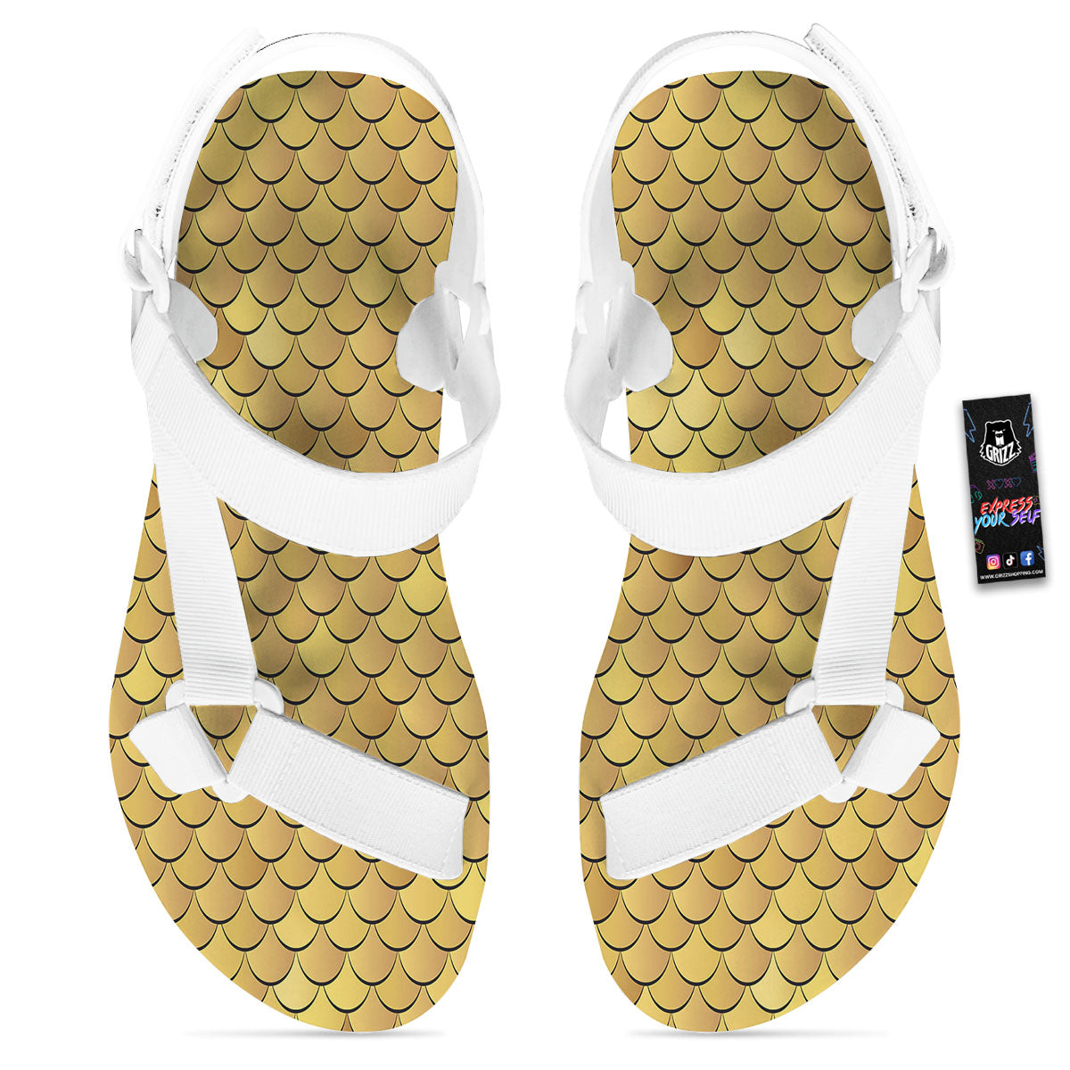 Gold Fish Scales Print White Open Toe Sandals-grizzshop